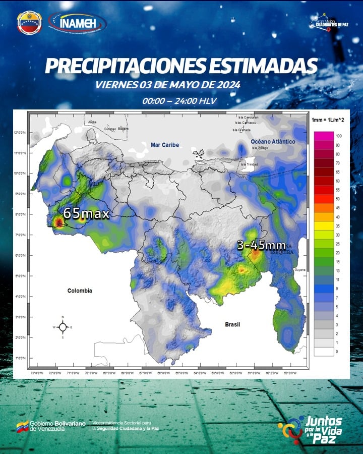 Precipitación estimada para el 3 de mayo de 2024 Venezuela