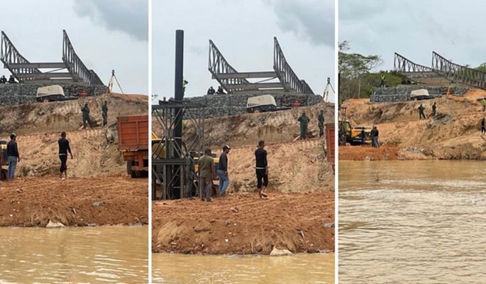 Los trabajos se ejecutan en medio del Río Cuyuní, donde «se está construyendo un terrraplén para lograr lanzar un puente de 47 metros».