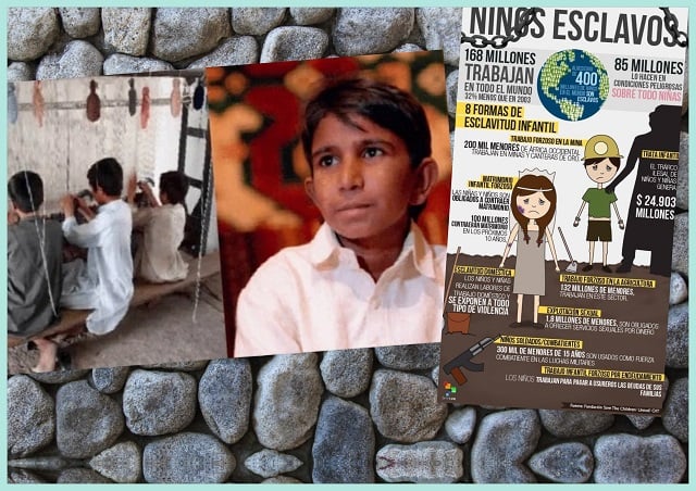 Efemérides del 16 de abril: Niños esclavizados en industrias de confección de alfombras. Iqbal Masih (12), símbolo de la lucha contra la esclavitud infantil (Pakistán). Cartel con datos sobre la esclavitud infantil en el mundo.