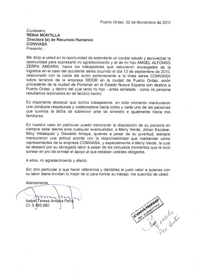 Carta de un sobreviviente de accidente aéreo de Puerto 